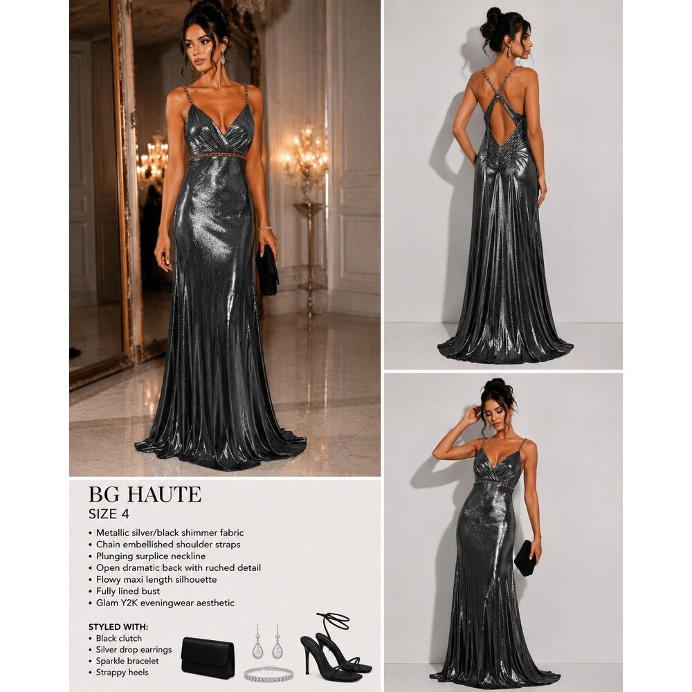 BG Haute Metallic Silver Black Chain Strap Evening Gown Dress Size 4 Y2K Formal